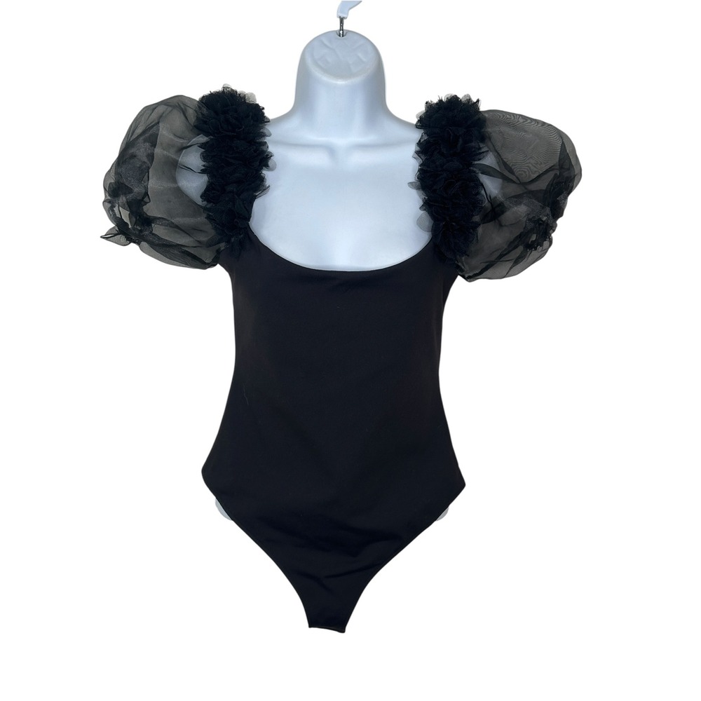 Free People Bodysuit Medium Black Organza Puff Sleeve Floral Ruffle Scoop Neck
